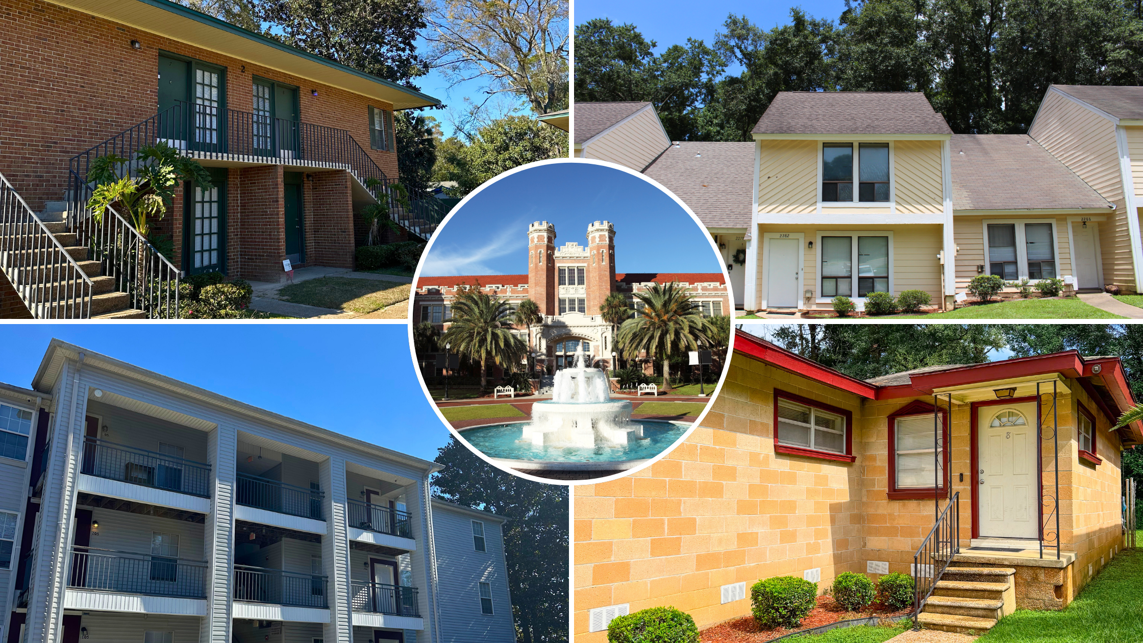 Photo collage of the properties at Jackson Properties and a photo ood the Westcott Fountain at FSU